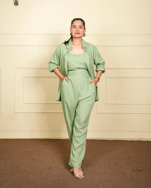 Olive_Green_Solid_Co-Ord_Set_–_Shirt_Pants_For_Women