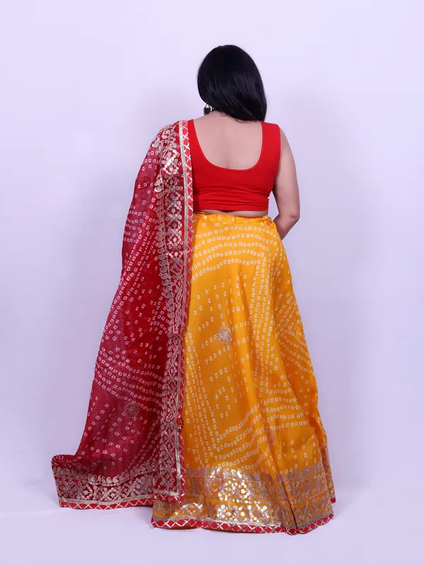Multicolor_Bandhani_Printed_Lehenga_With_Unstitched_Blouse_Contrast_Dupatta_For_Women
