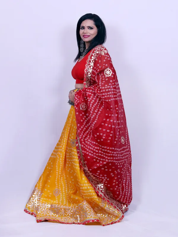 Multicolor_Bandhani_Printed_Lehenga_With_Unstitched_Blouse_Contrast_Dupatta_For_Women
