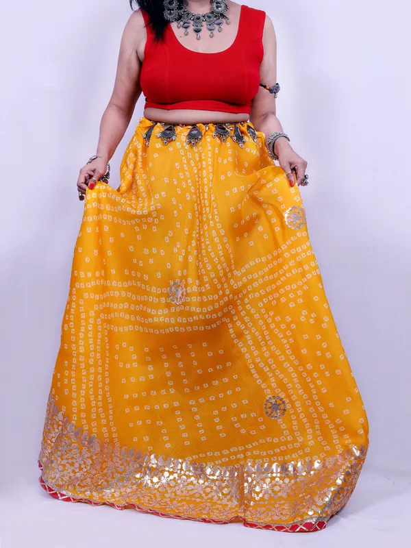 Multicolor_Bandhani_Printed_Lehenga_With_Unstitched_Blouse_Contrast_Dupatta_For_Women