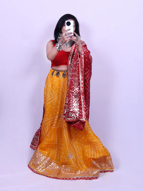 Multicolor_Bandhani_Printed_Lehenga_With_Unstitched_Blouse_Contrast_Dupatta_For_Women