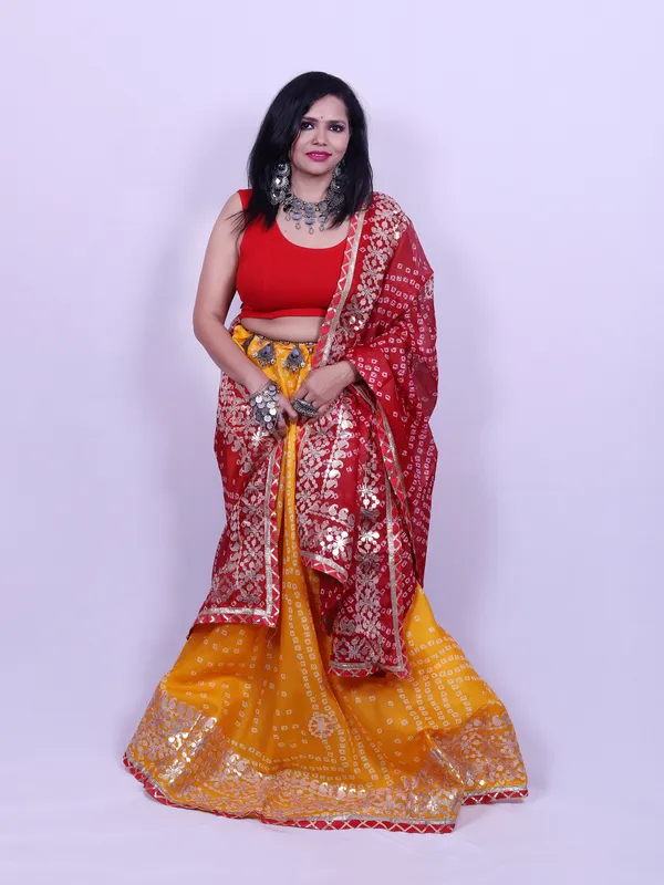 Multicolor_Bandhani_Printed_Lehenga_With_Unstitched_Blouse_Contrast_Dupatta_For_Women