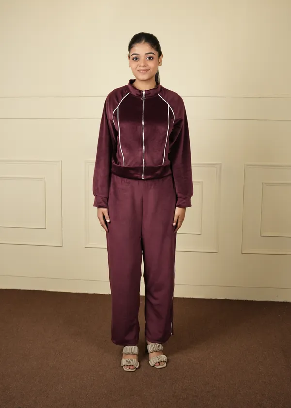 Wine_Trendy_Design_Velvet_Crop_Zipper_Jacket_Co-Ord_Set_For_Women