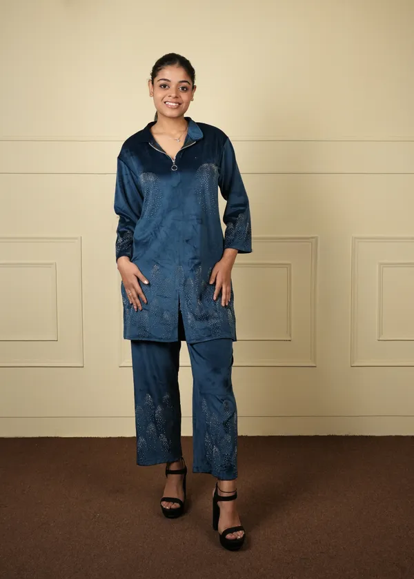 Teal_Blue_Velvet_Long_Jacket_Cum_Kurti_Trouser_Set_For_Women