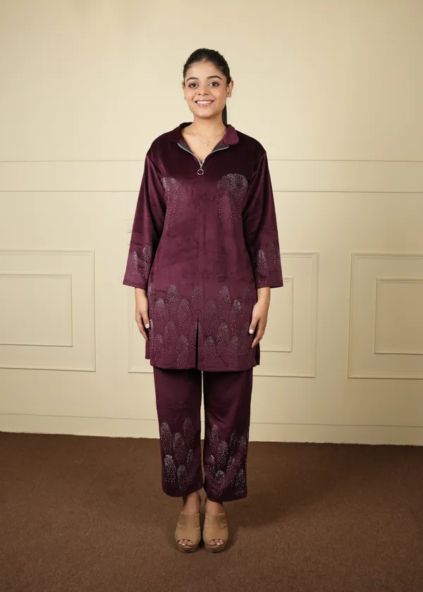 Wine_Velvet_Long_Jacket_Cum_Kurti_Trouser_Set_For_Women