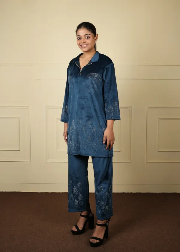 Teal_Blue_Velvet_Long_Jacket_Cum_Kurti_Trouser_Set_For_Women