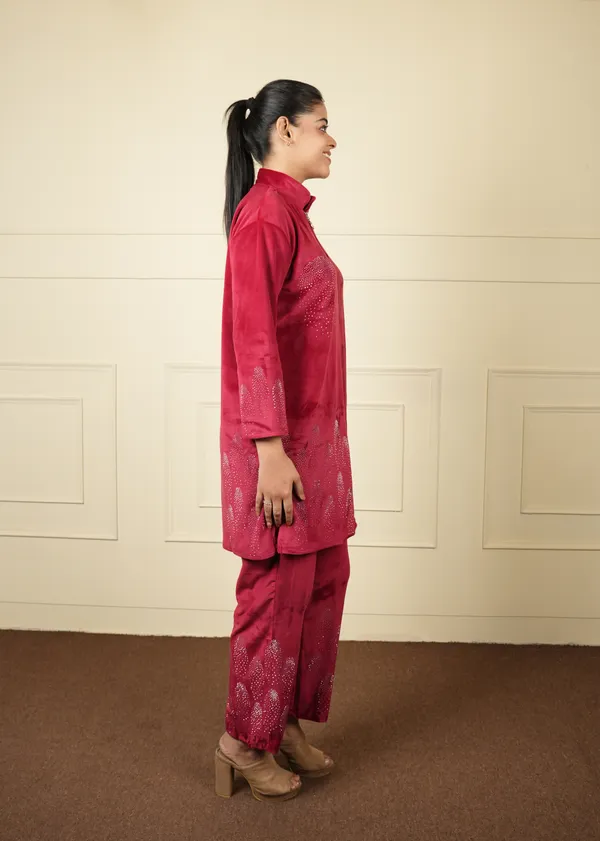 Maroon_Velvet_Long_Jacket_Cum_Kurti_Trouser_Set_For_Women