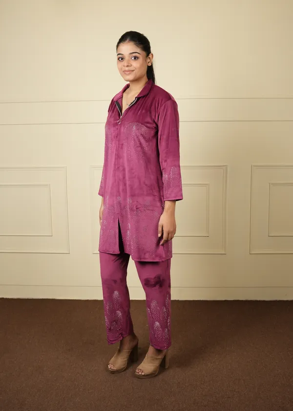 Plum_Velvet_Long_Jacket_Cum_Kurti_Trouser_Set_For_Women