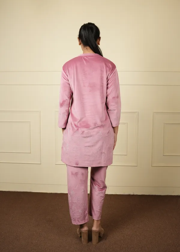 Pink_Velvet_Long_Jacket_Cum_Kurti_Trouser_Set_For_Women