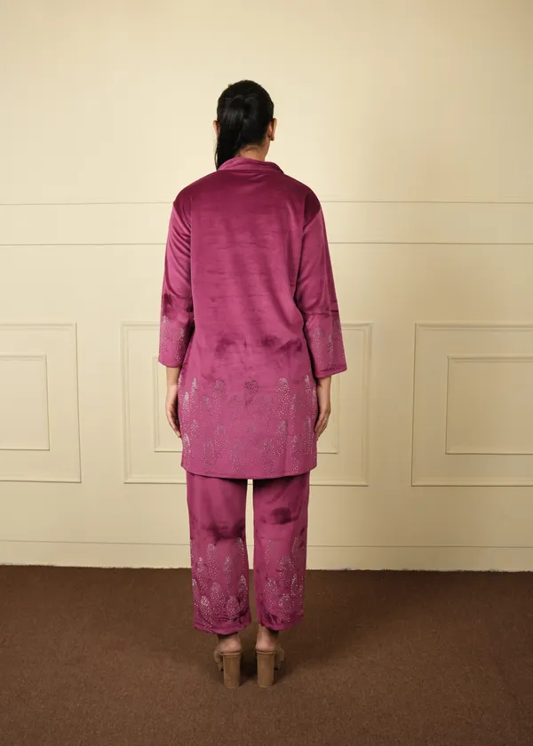 Plum_Velvet_Long_Jacket_Cum_Kurti_Trouser_Set_For_Women