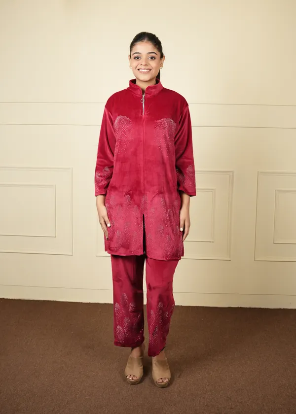 Maroon_Velvet_Long_Jacket_Cum_Kurti_Trouser_Set_For_Women