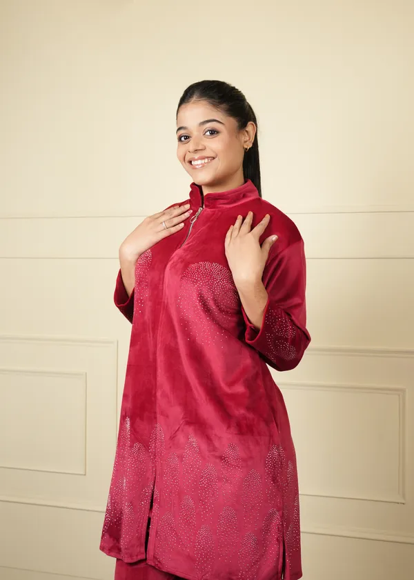 Maroon_Velvet_Long_Jacket_Cum_Kurti_Trouser_Set_For_Women