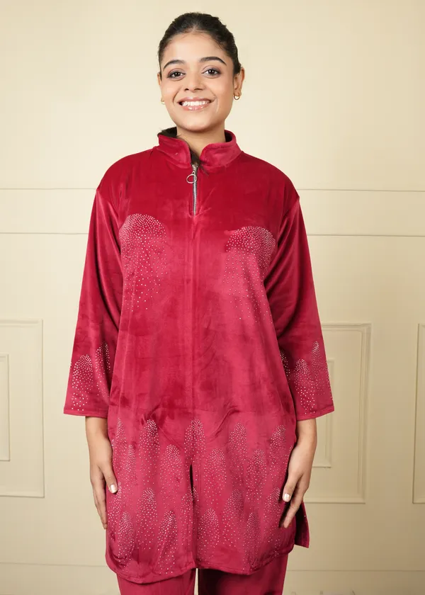 Maroon_Velvet_Long_Jacket_Cum_Kurti_Trouser_Set_For_Women
