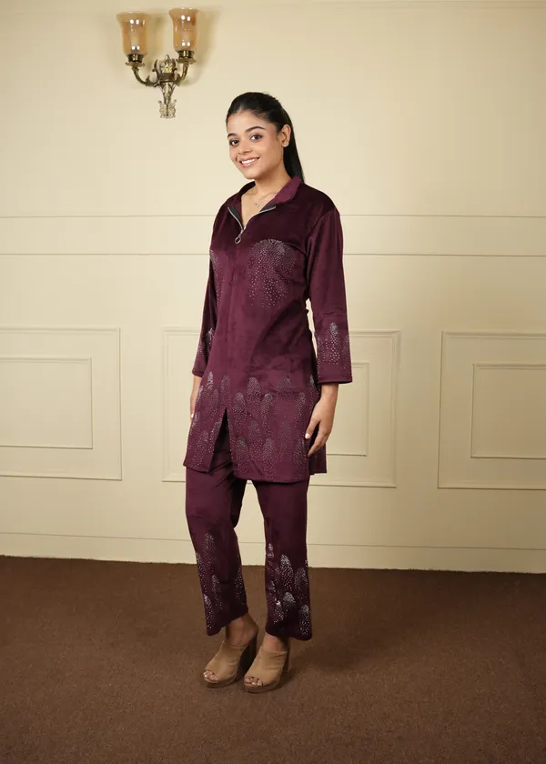 Wine_Velvet_Long_Jacket_Cum_Kurti_Trouser_Set_For_Women