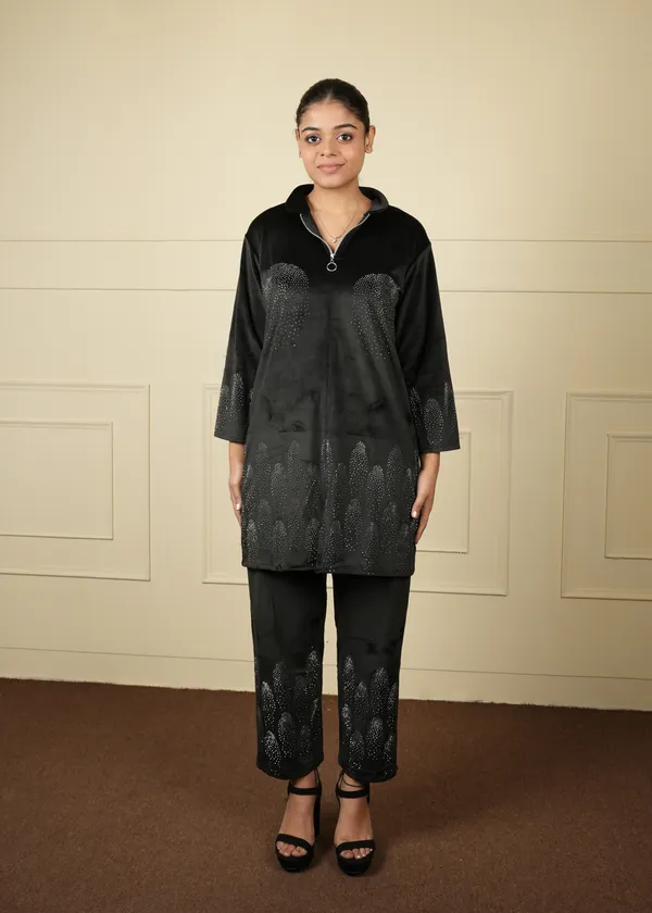 Black_Velvet_Long_Jacket_Cum_Kurti_Trouser_Set_For_Women