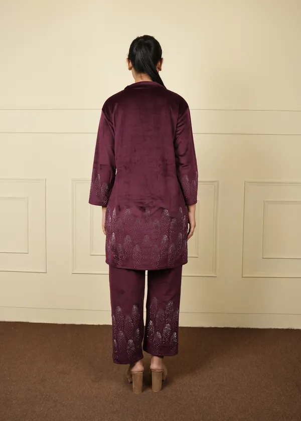 Wine_Velvet_Long_Jacket_Cum_Kurti_Trouser_Set_For_Women