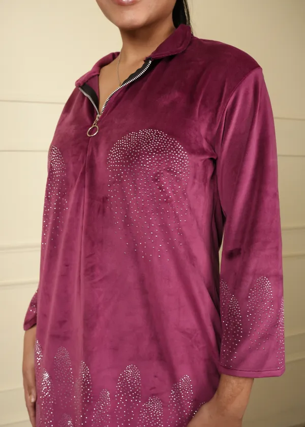Plum_Velvet_Long_Jacket_Cum_Kurti_Trouser_Set_For_Women