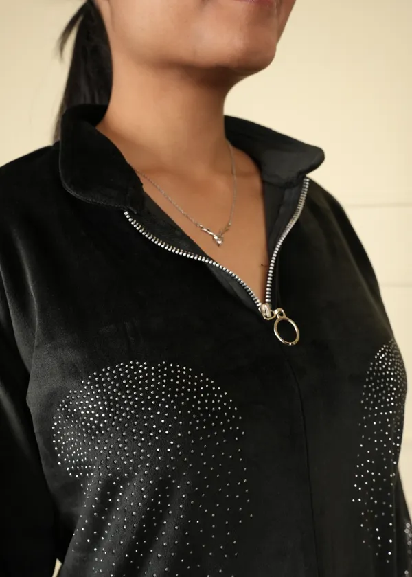 Black_Velvet_Long_Jacket_Cum_Kurti_Trouser_Set_For_Women