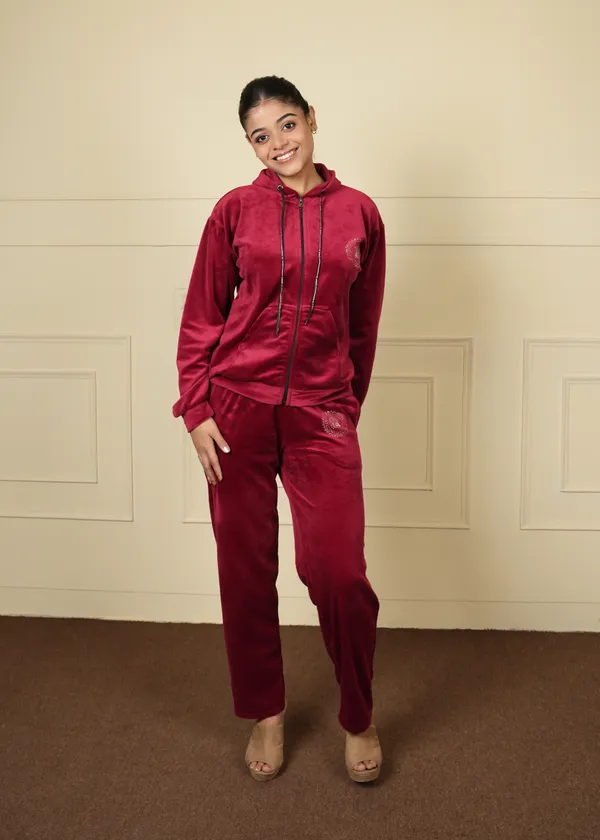 Maroon_Trendy_Design_Velvet_Short_Jacket_Trouser_Co-Ord_Set_For_Women