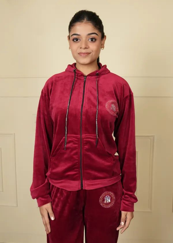 Maroon_Trendy_Design_Velvet_Short_Jacket_Trouser_Co-Ord_Set_For_Women