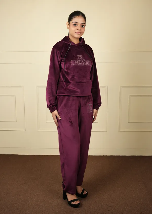 Wine_Trendy_Design_Velvet_Short_Top_Trouser_Co-Ord_Set_For_Women