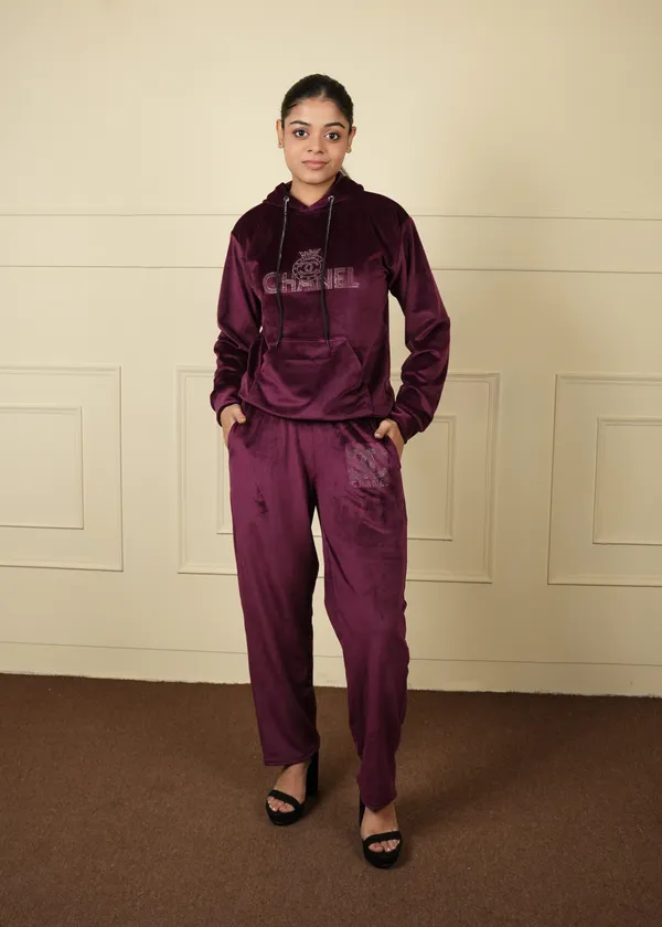 Wine_Trendy_Design_Velvet_Short_Top_Trouser_Co-Ord_Set_For_Women