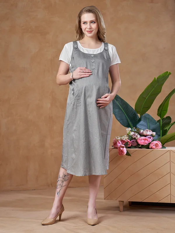 Charcoal_Grey_Dungaree_Style_Maternity_Dress_Attached_Tee_&_Cotton_Twill_Playful_Casual_Comfort_Dress_For_Women
