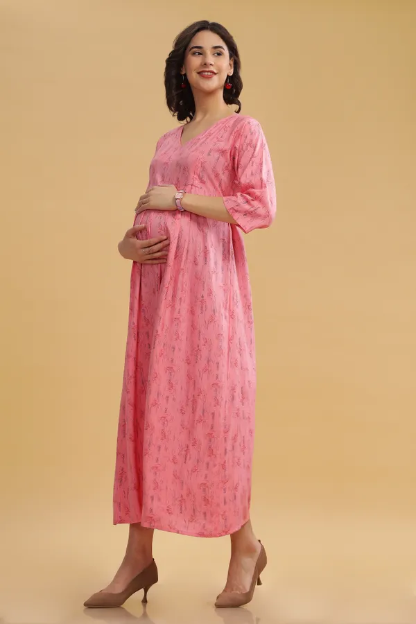 Dual-Zip_Printed_Cotton_Maternity_&_Nursing_Western_Dress__Stylish_Convenience_for_Pre_&_Post_Pregnancy_Women
