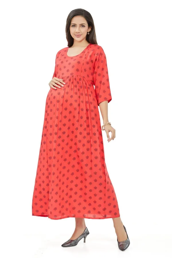 Wine_Printed_Leaf_Cotton_Fla_Feeding_For_With_Dual_Zipper_For_Easy_Breastfeeding_Nursing_&_Maternity_Dress_For_Women