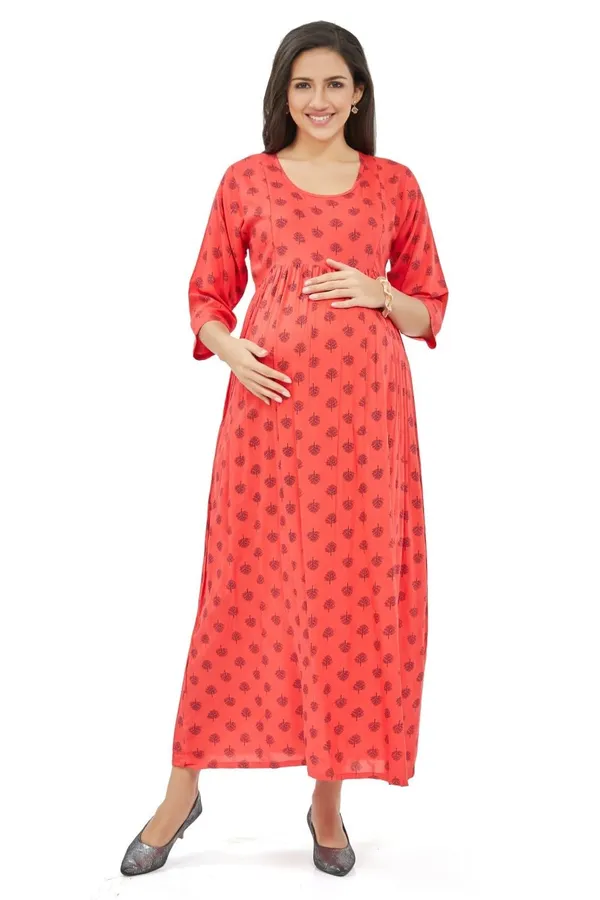 Wine_Printed_Leaf_Cotton_Fla_Feeding_For_With_Dual_Zipper_For_Easy_Breastfeeding_Nursing_&_Maternity_Dress_For_Women