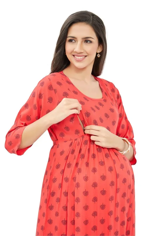 Wine_Printed_Leaf_Cotton_Fla_Feeding_For_With_Dual_Zipper_For_Easy_Breastfeeding_Nursing_&_Maternity_Dress_For_Women