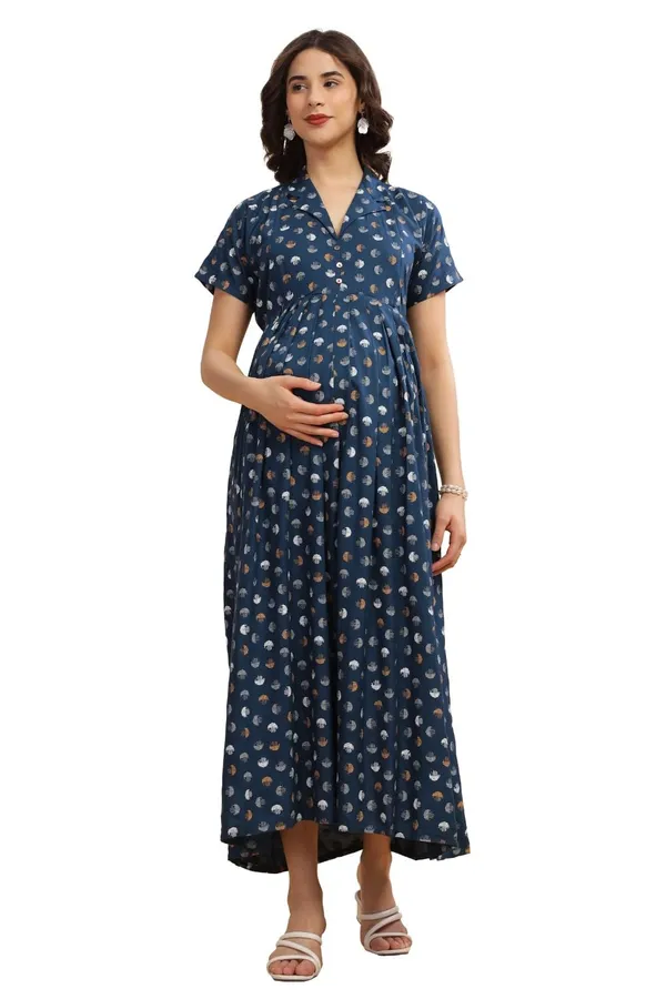 Blue_Dual-Zip_Printed_Cotton_Maternity_&_Nursing_Western_Dress__For_Women
