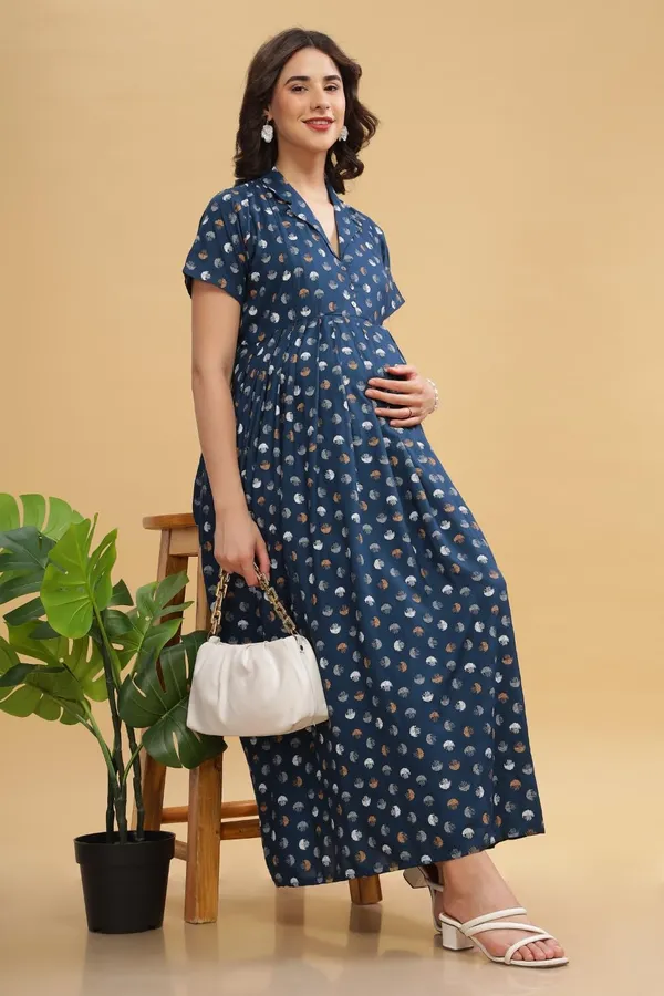 Blue_Dual-Zip_Printed_Cotton_Maternity_&_Nursing_Western_Dress__For_Women