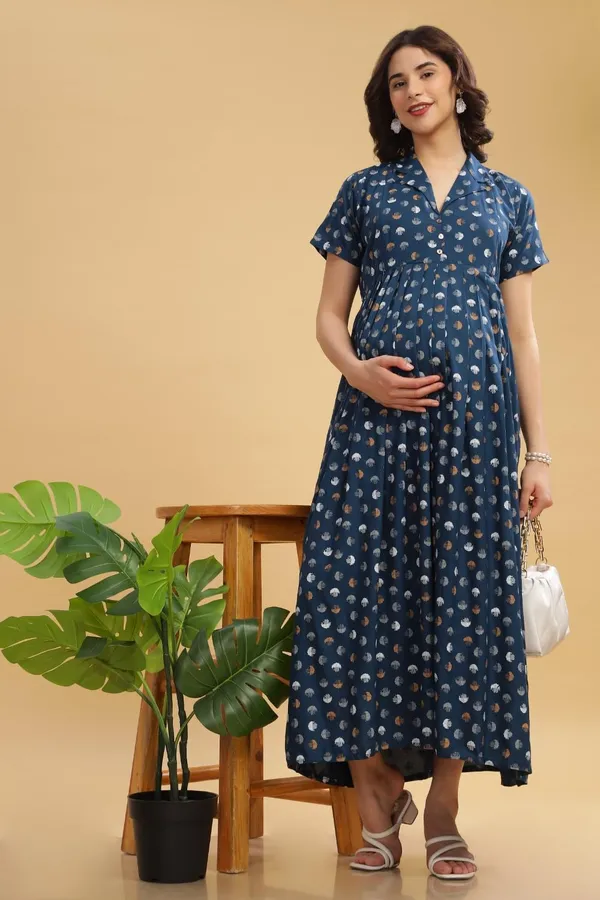 Blue_Dual-Zip_Printed_Cotton_Maternity_&_Nursing_Western_Dress__For_Women