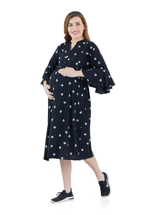 Dual-Zip_Printed_Cotton_Maternity_&_Nursing_Western_Dress__Stylish_Convenience_for_Pre_&_Post_Pregnancy_Women