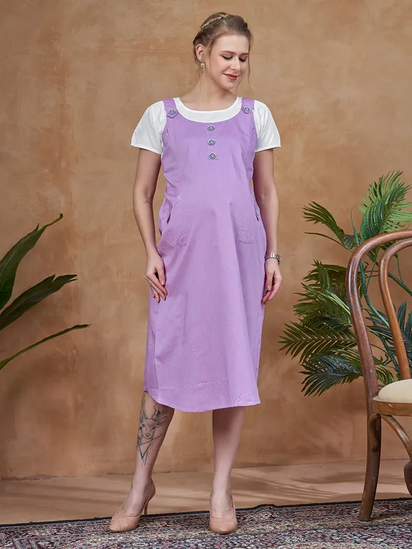 Lavender_Dungaree_Style_Maternity_Dress_Attached_Tee_&_Cotton_Twill_Playful_Casual_Comfort_Dress_For_Women
