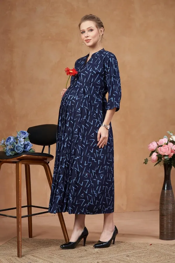 Navy_Blue_Woven_Three_Forth_Sleevs_Floral_Printed_Maternity_Dress_With_Pocket_&_Concealed_Zipper_For_Women