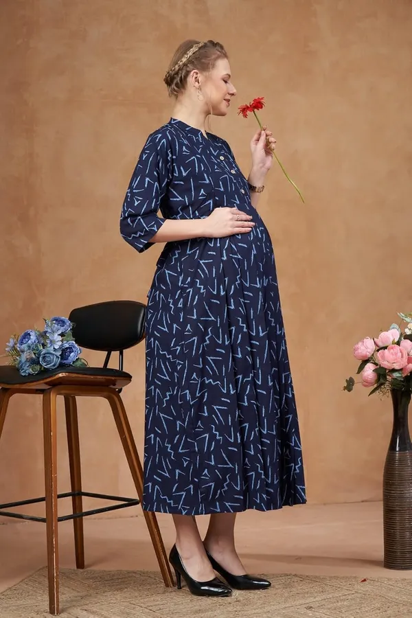 Navy_Blue_Woven_Three_Forth_Sleevs_Floral_Printed_Maternity_Dress_With_Pocket_&_Concealed_Zipper_For_Women