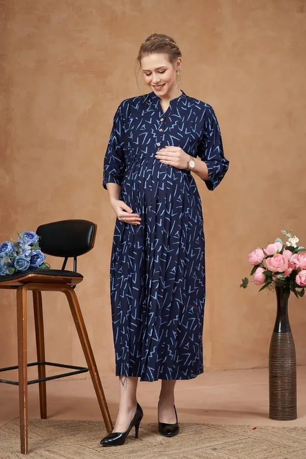 Navy_Blue_Woven_Three_Forth_Sleevs_Floral_Printed_Maternity_Dress_With_Pocket_&_Concealed_Zipper_For_Women