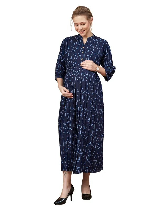 Navy_Blue_Woven_Three_Forth_Sleevs_Floral_Printed_Maternity_Dress_With_Pocket_&_Concealed_Zipper_For_Women