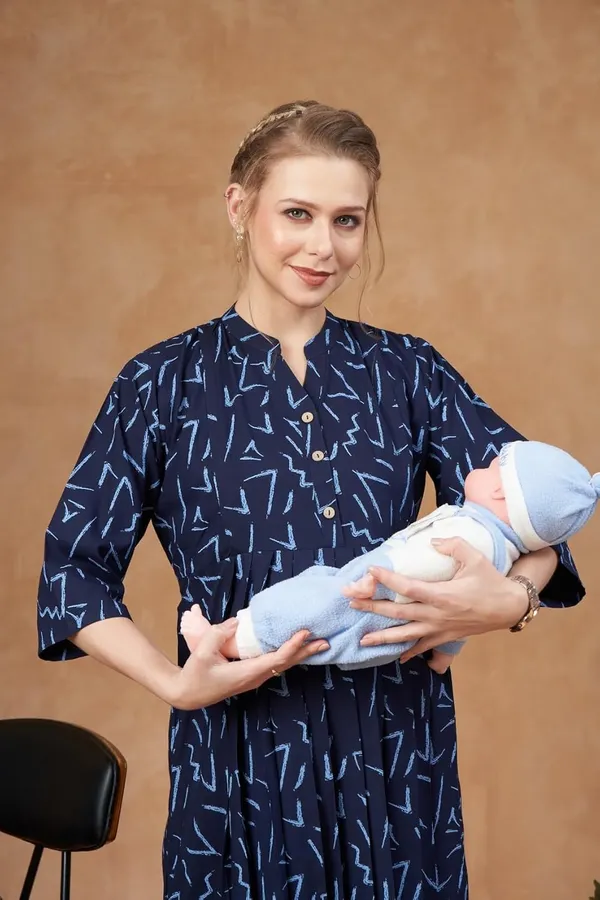 Navy_Blue_Woven_Three_Forth_Sleevs_Floral_Printed_Maternity_Dress_With_Pocket_&_Concealed_Zipper_For_Women