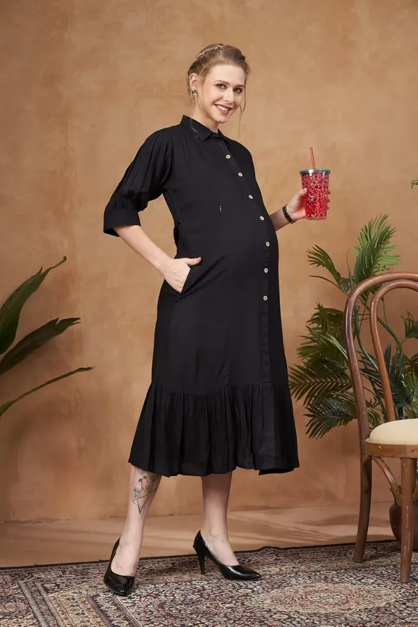 Black_Maternity_&_Nursing_Dress_Button_Down_Midi_With_Mandarin_Collar_3/4_Sleeves_&_Ruffled_Hem_For_Women