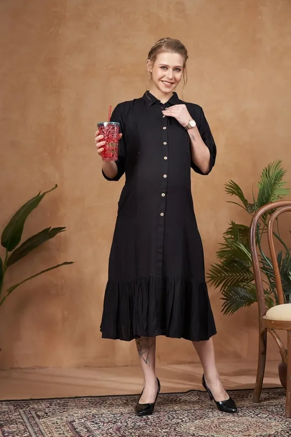 Black_Maternity_&_Nursing_Dress_Button_Down_Midi_With_Mandarin_Collar_3/4_Sleeves_&_Ruffled_Hem_For_Women
