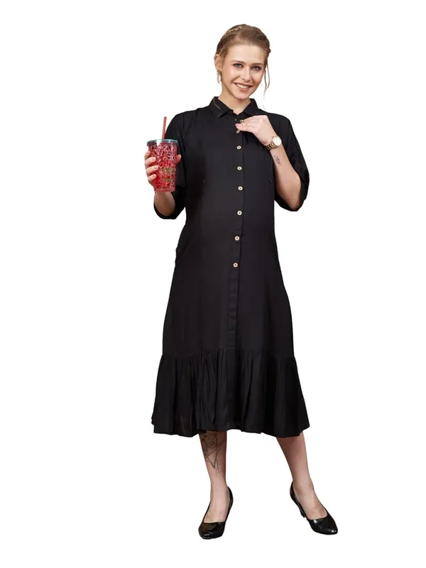 Black_Maternity_&_Nursing_Dress_Button_Down_Midi_With_Mandarin_Collar_3/4_Sleeves_&_Ruffled_Hem_For_Women