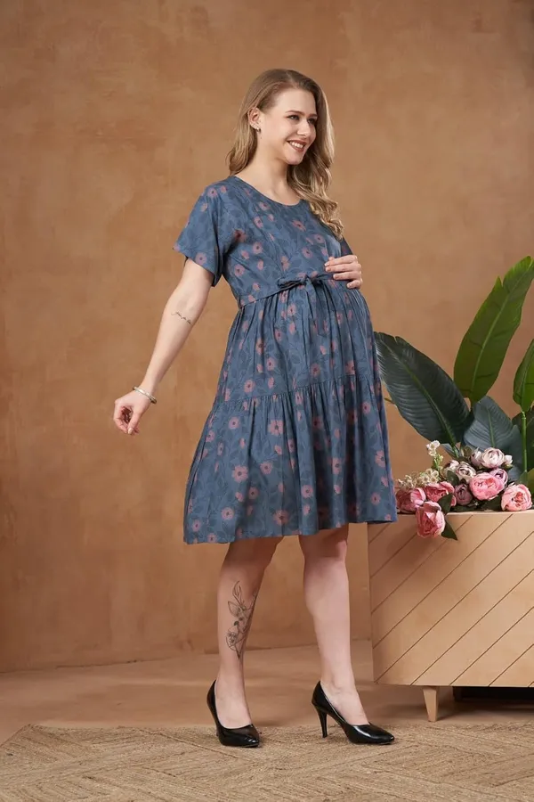 Blue_Maternity_Dress_Floral_Print_Tie_Knee_Length_With_Tie_Up_Waist_&_Easy_Nursing_Access_For_Pregnancy_&_Postpartum_For_Women