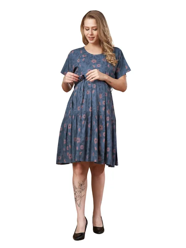 Blue_Maternity_Dress_Floral_Print_Tie_Knee_Length_With_Tie_Up_Waist_&_Easy_Nursing_Access_For_Pregnancy_&_Postpartum_For_Women