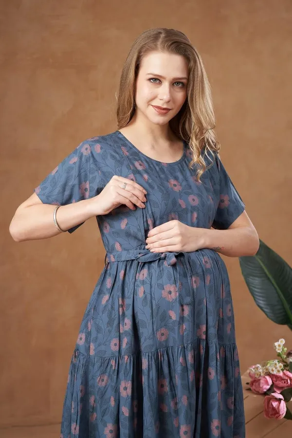 Blue_Maternity_Dress_Floral_Print_Tie_Knee_Length_With_Tie_Up_Waist_&_Easy_Nursing_Access_For_Pregnancy_&_Postpartum_For_Women