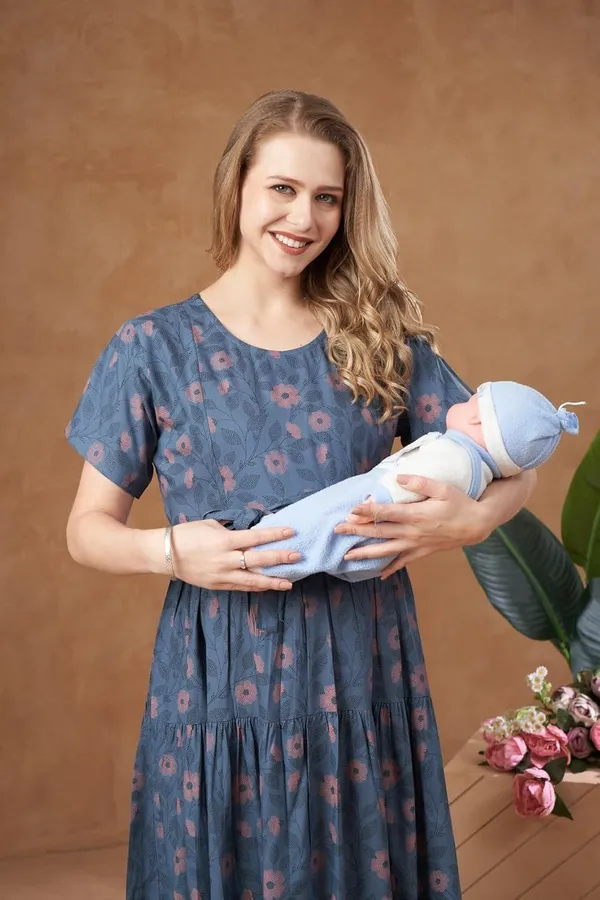 Blue_Maternity_Dress_Floral_Print_Tie_Knee_Length_With_Tie_Up_Waist_&_Easy_Nursing_Access_For_Pregnancy_&_Postpartum_For_Women