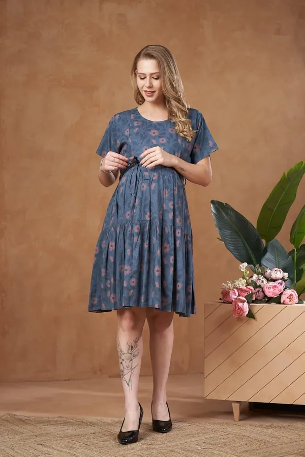 Blue_Maternity_Dress_Floral_Print_Tie_Knee_Length_With_Tie_Up_Waist_&_Easy_Nursing_Access_For_Pregnancy_&_Postpartum_For_Women
