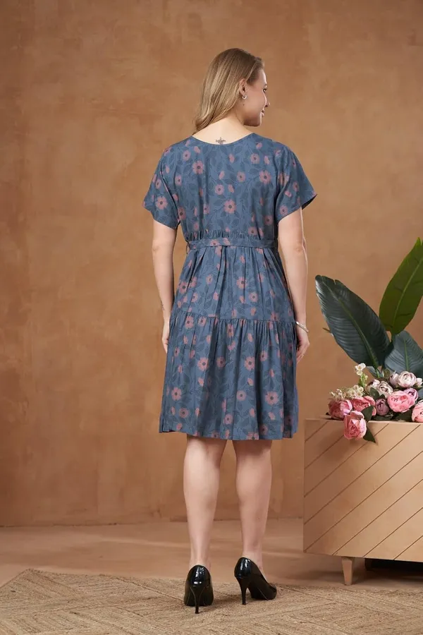 Blue_Maternity_Dress_Floral_Print_Tie_Knee_Length_With_Tie_Up_Waist_&_Easy_Nursing_Access_For_Pregnancy_&_Postpartum_For_Women